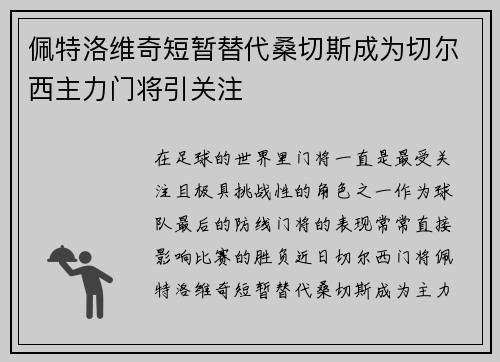 佩特洛维奇短暂替代桑切斯成为切尔西主力门将引关注 佩特洛维奇短暂替代桑切斯成为切尔西主力门将引关注